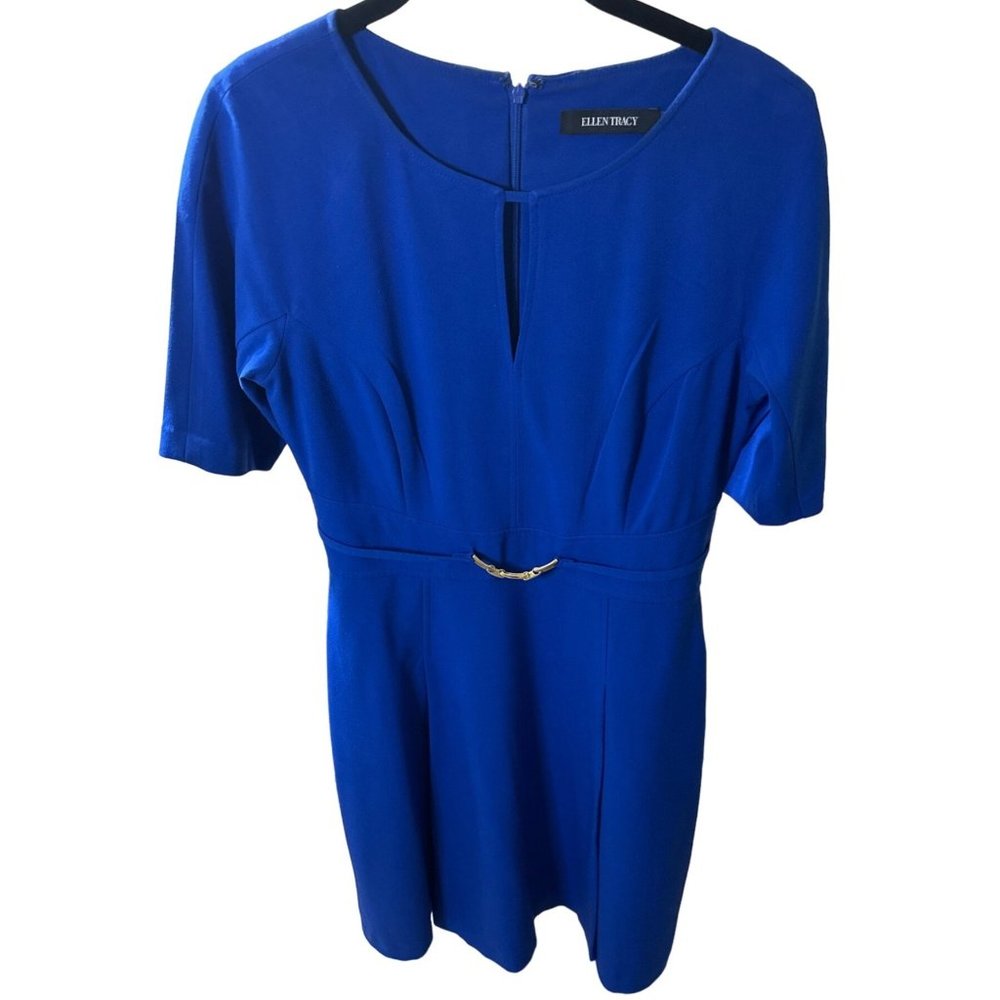Ellen Tracy Royal Blue Flared dress cleavage peep hole short sleeves gold clasp